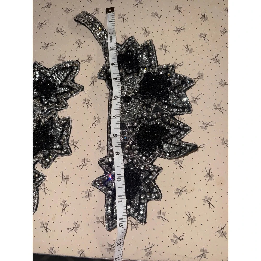 Vintage Black Silver Beaded‎ Sequin Floral Applique Patch Set Rhinestone 2 Piece